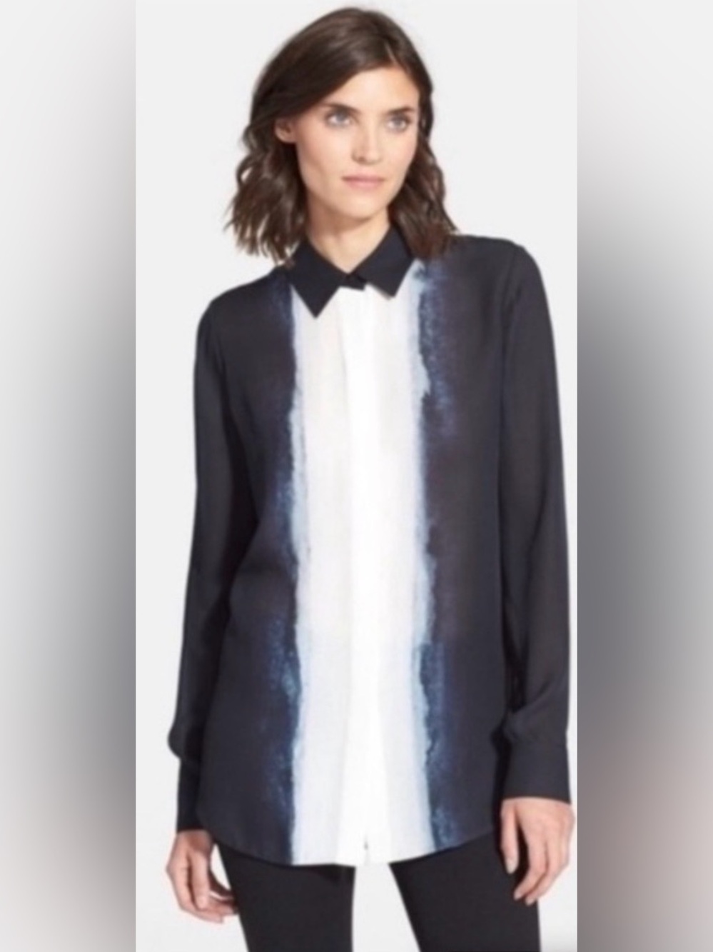 VINCE Vertical Dip Dye 100% Silk Ombré Button Down Blouse, size 0